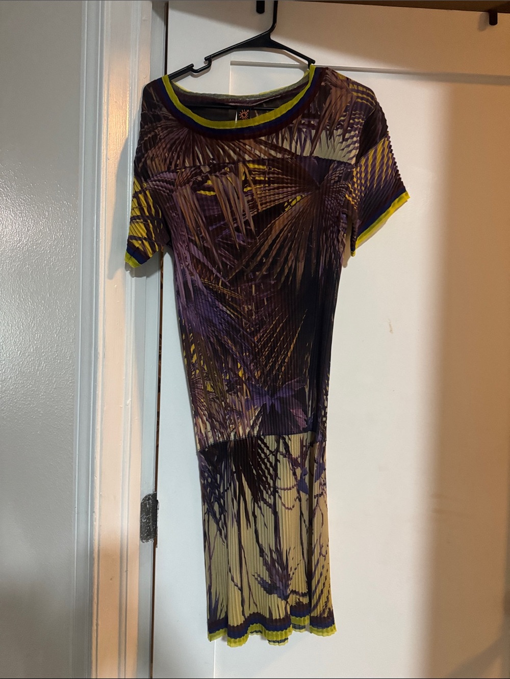 Jean Paul Gaultier Purple and Olive Palm-Print Pleated Midi Dress